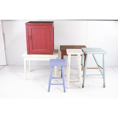 Vintage Rustic Painted Stools, Tables and Cabinet
