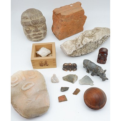 Carved Stone Head, Stone Rhinoceros and More