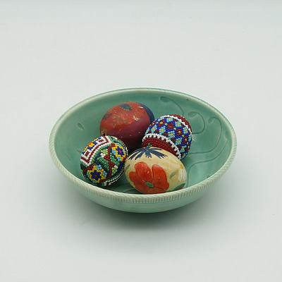 Glazed Ceramic Dish with Four Hand Painted and Beaded Eggs