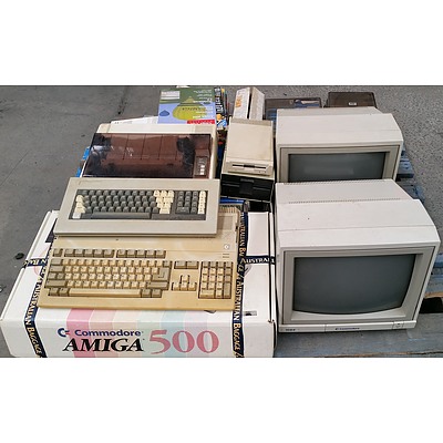 Two Commodore Amiga 500 Personal Computers, Monitors, Printers, Floppy Disk Drive & Assorted Floppy Disks