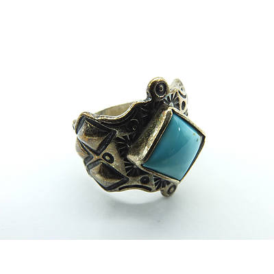 Ornate Sterling Silver Ring with Square Cabochon of Turquoise