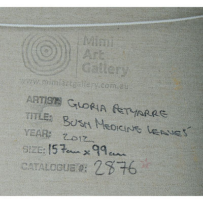PETYARRE, Gloria (born c.1938) 'Bush Medicine Leaves,' 2012. Stamp verso for Mimi Art Gallery, cat 2876. Certificate of authenticity available Acrylic on Linen