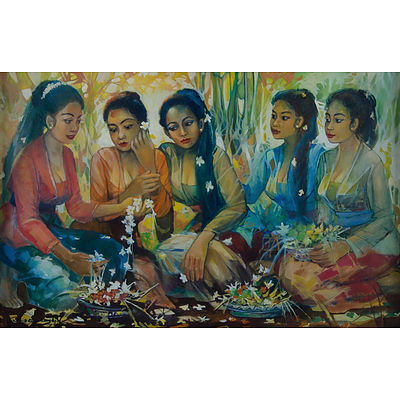 Indonesian School, Signed Girls with Flower Baskets. Signed lower left. Acrylic on Canvas on Board