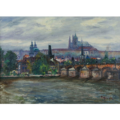 KOZAK, Vaclav (Czechoslovakian 1889-1969) View of Prague & Charles Bridge Oil on Board