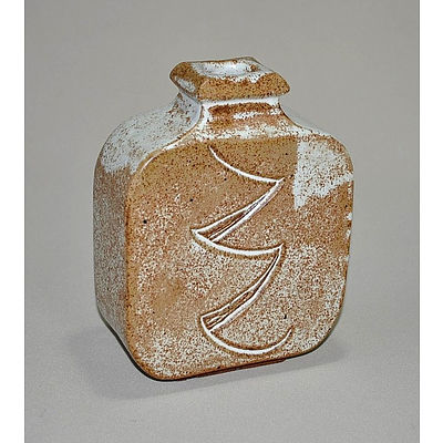 Stoneware Bottle Vase. Squared section with incised patterns & ash glaze. Impressed seal to base 'NC'