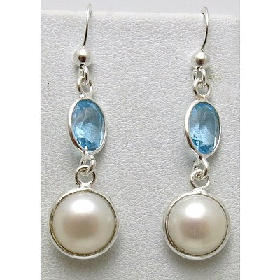 Sterling Silver Pearl & Topaz Earrings
