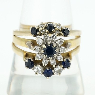 9ct Yellow Gold Set of Three Rings with Blue Sapphire and Round Brilliant Cut Diamonds