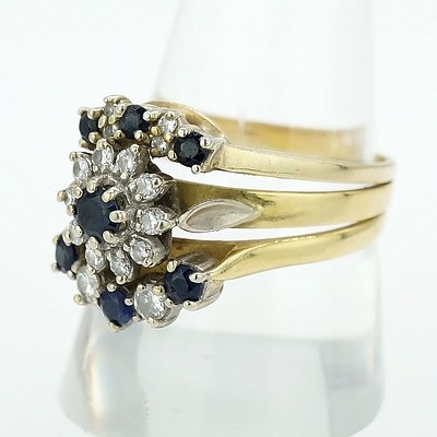 9ct Yellow Gold Set of Three Rings with Blue Sapphire and Round Brilliant Cut Diamonds