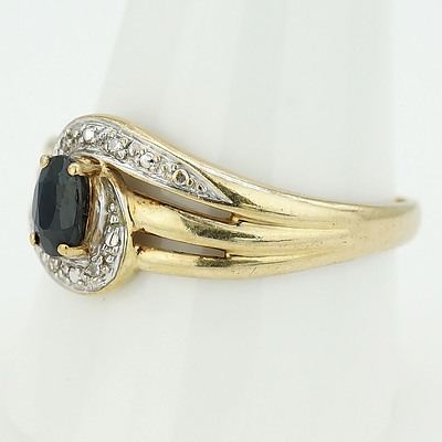 9ct Yellow Gold Ring With Oval Sapphire and Diamond