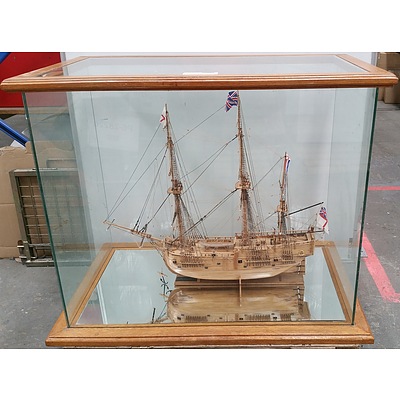Hand Built Model Of Captain Cook's Endeavour in Custom Built Display Case