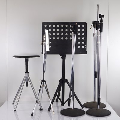 Three Heavy Duty Mic Stands, Two Music Stands and Drum Stool