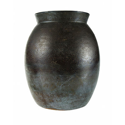 Bendigo Pottery Stoneware Vase. Ovoid form with dimpled textured brown glaze. Impressed mark to side