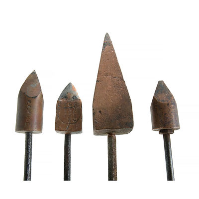 7 Various Antique Copper Headed Soldering Irons. Together with a pair of pliers marked 'for Department Defense'