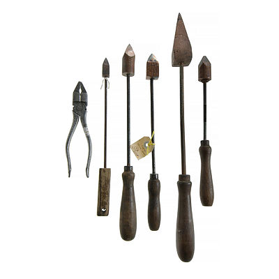 7 Various Antique Copper Headed Soldering Irons. Together with a pair of pliers marked 'for Department Defense'