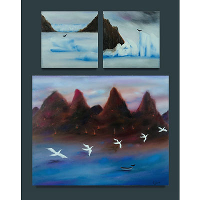 LODGE, Annette (b.1955) (3) 'Land of Fire,' 2006 (61x76cm); 'Glacier Grey, Patagonia I & III,' 2005 (30x30cm each). All ex Soho Galleries, Sydney Oil on Canvas (3)