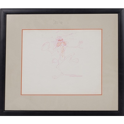 Original 1980s Warner Bros 'Wile e Coyote' Drawing. Certificate verso from Vintage Animation, CA, verifies this as an animator's production drawing for a cartoon short, cat 2824. Signed 'Craig' Colour Pencil