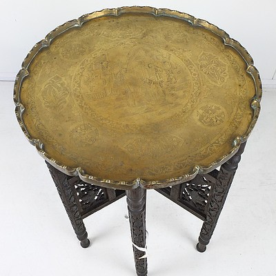 Antique Oriental Carved Hardwood and Engraved Brass Folding Table
