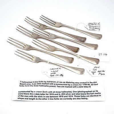 Seven Dutch Silver Three Tine Forks by Adrianus JJ van de Watering, Circa 1789-90 and 1810-1814, 282g