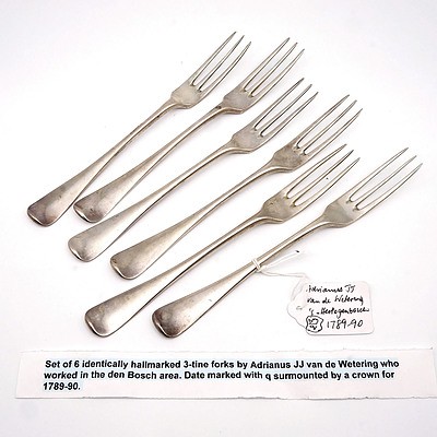 Set of Six Dutch Silver Three Tine Forks by Adrianus JJ van de Wetering, Circa 1789-90, 244g