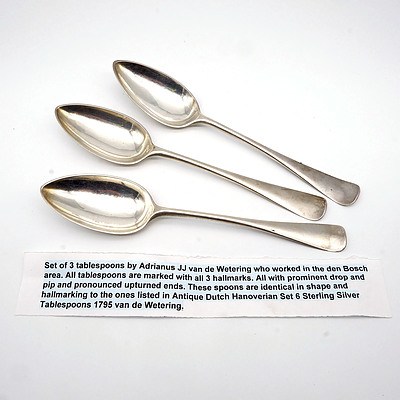 Three Dutch Silver Table Spoons Adrianus JJ van de Wetering, Circa 1795, 112g