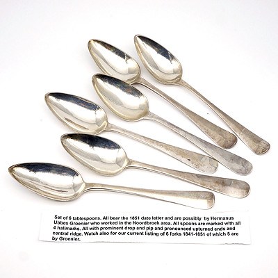 Six Dutch Silver Table Spoons, Possibly Hermanus Ubbes Groenier, Circa 1851, 112g
