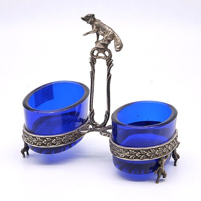 Antique Silver Plated Twin Open Salt with Blue Glass Liners, With Figural Fox Final