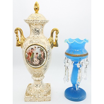 English Empire Porcelain Urn and Lustre with Hanging Crystals