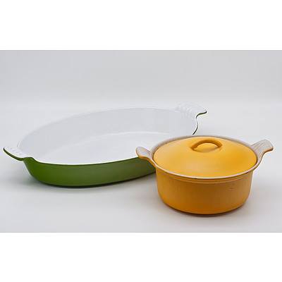 Vintage Enamel Cast Iron Cookware Including Small Le Creuset Green Pan