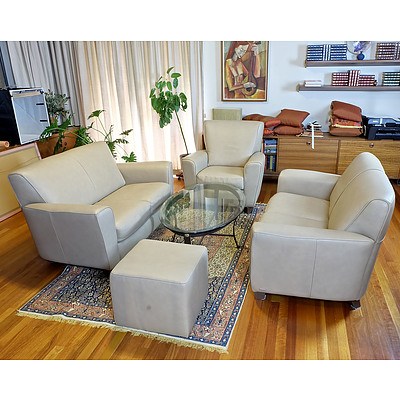 Natuzzi Italian Made Latte Coloured Leather Couches and Chairs