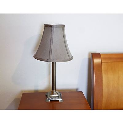 Pair of Metal Electric Table Lamps with Silver Silk Style Shades