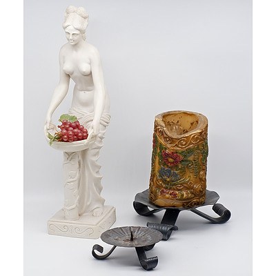 Cast Resin Classical Figurine and Two Wrought Iron Candle Sticks