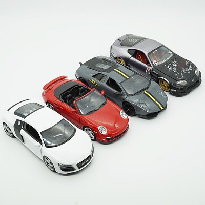Four 1:24 Model Cars, Including Motor Max Lamborghini Murcielago, Motor Mac Porsche 911 Turbo, Welly Audi R8 and Jada Toyota Supra 