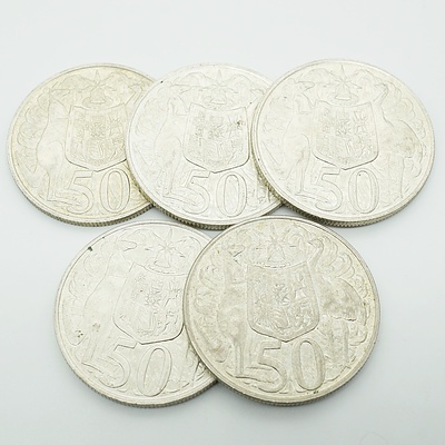 Five 1966 Australian Round 50 Cent Coins