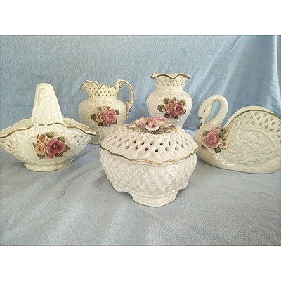 5 piece ceramic dressing table set with lacework design and Rose floral motif
