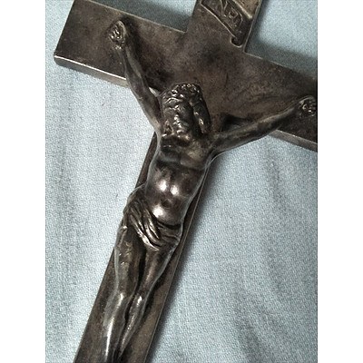 Vintage metal cross with Jesus at Crucifiction, printed with INRI above (Jesus of Nazareth, King of the Jews)