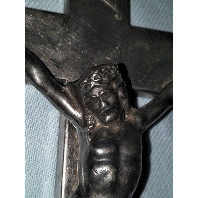 Vintage metal cross with Jesus at Crucifiction, printed with INRI above (Jesus of Nazareth, King of the Jews)