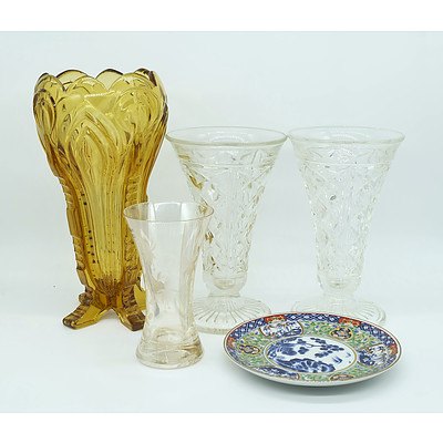 Group of Cut Glass Vases, Decorative Plate, Stokes Stainless Steel Tray and More
