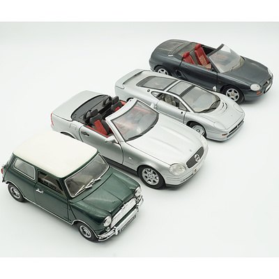 1993 Matchbox 1:24 Jaguar XJ220, Maisto 1:18 Mercedes Benz SLK 230, Corgi 1:18 MGF and Kyosho 1:18 Mini Cooper