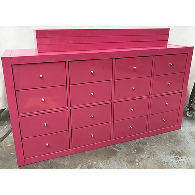 Two Magenta 16 Drawer Chest with Six Floating Shelves