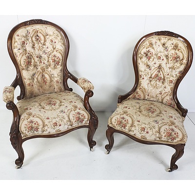 Victorian Walnut Tapestry Upholstered Grandfather and Grandmother Chairs Circa 1880