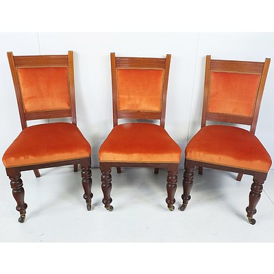 Six Australian Cedar and Orange Velvet Upholstered Dining Chairs Early 20th Century