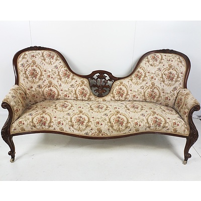Victorian Walnut Tapestry Upholstered Double Hump Chaise Lounge Circa 1880