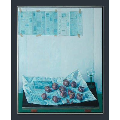 CHURCHLAND Lindsay (1921-2010), Still Life Study - Newspapers, Wine Glass & Onions , oil on canvas