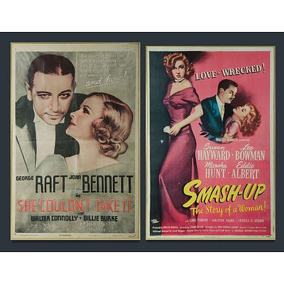 2 Framed Movie Posters, 'She Couldn't Take It,' Columbia Pictures, 1935; & 'Smash-Up: The Story of a Woman,' Universal-International Pictures, 1947 ,