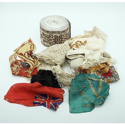 Collection of Laces, Clutch Bags, Silk Flags and an EPNS Metal Belt