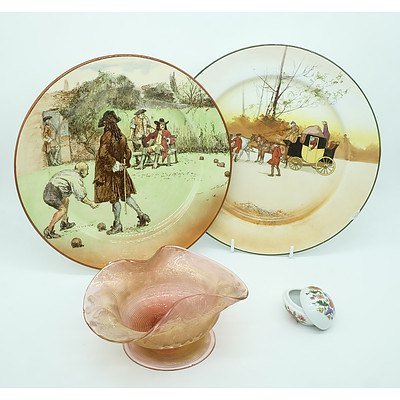 Two Royal Doulton Plates, Carnival Glass Bowl and a Egg Box