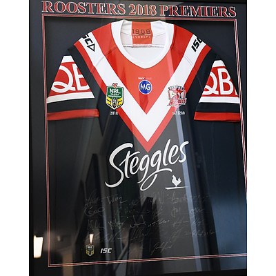 Framed and signed Roosters 2018 Premiers jersey.