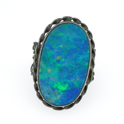 Antique Sterling Silver Ring With Oval Opal Doublet with Green, Blue and Orange Play of Colour