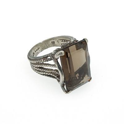 Ornate Sterling Silver Ring With Emerald Cut Smoky Quartz