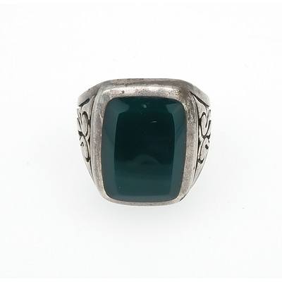 Sterling Silver Ring With Rectangular Flat Cabochon of Green Agate